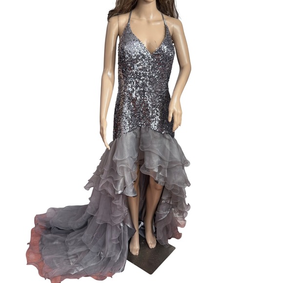 Sequin Halter Gown High Low Ruffle‎ Formal Dress Party Cocktail - Picture 1 of 11